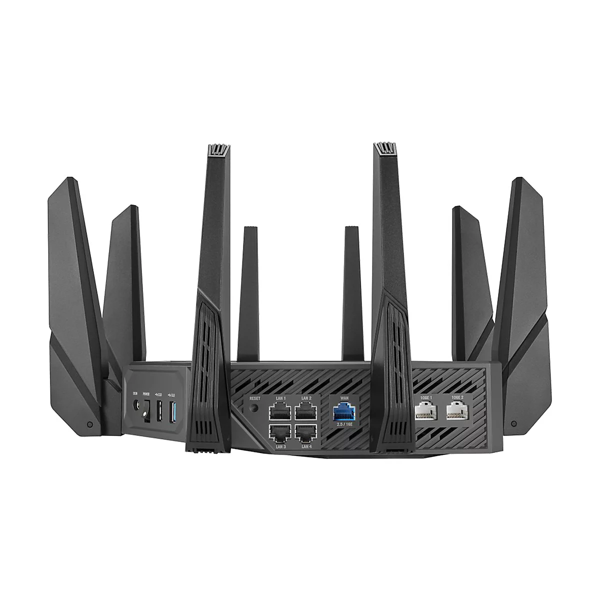 Schwarzer WLAN-Router mit acht Antennen, AnschlÃ¼ssen und Tasten, grauer Hintergrund.