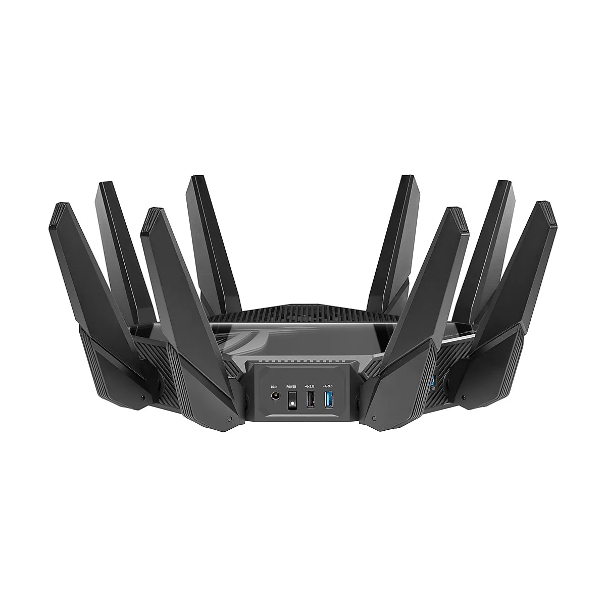 Schwarzer WLAN-Router mit acht Antennen auf weiÃŸem Hintergrund. RÃ¼ckseite mit AnschlÃ¼ssen.