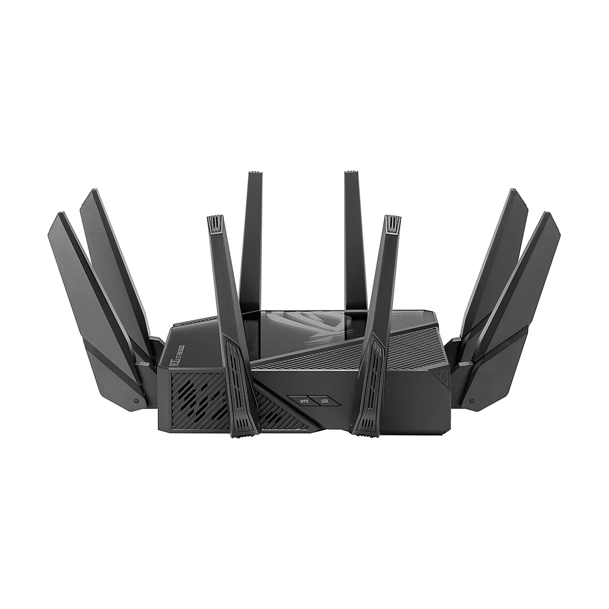 Schwarzer WLAN-Router mit mehreren Antennen. Details wie LÃ¼ftungsschlitze und Leuchten sind sichtbar.