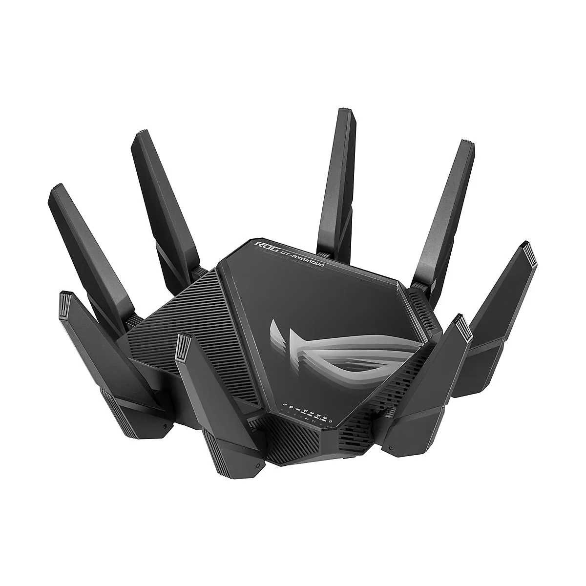 Schwarzer Router mit sechs Antennen, ROG-Logo und Details. Er steht vor weiÃŸem Hintergrund.
