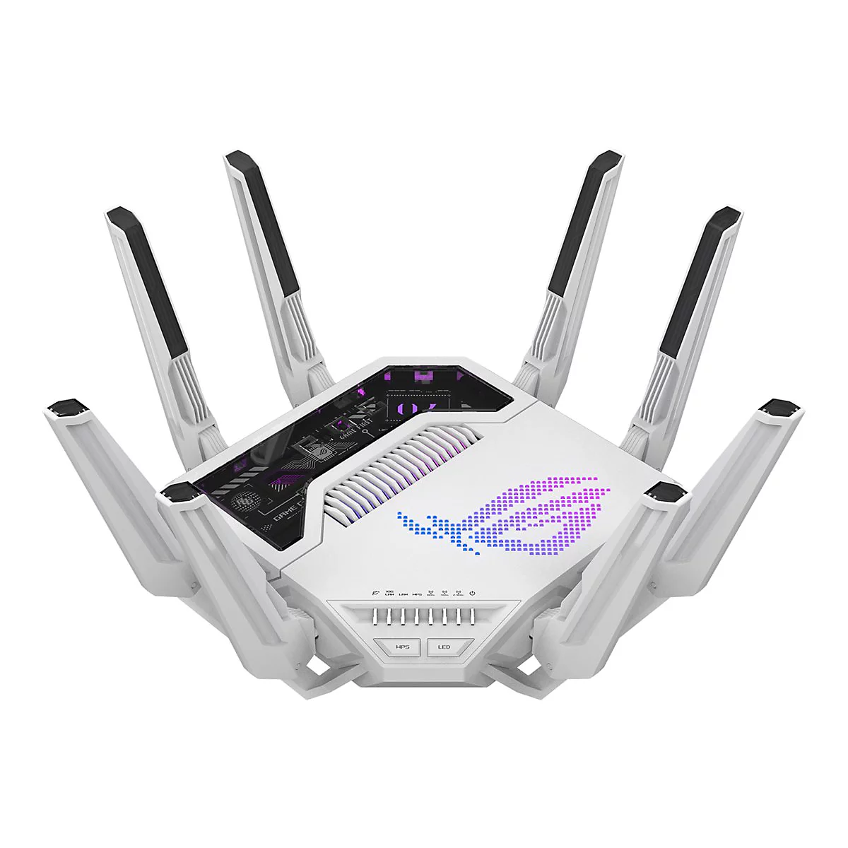 Weißer Gaming-Router mit sechs Antennen, futuristischem Design und beleuchtetem ROG-Logo vor weißem Hintergrund.
