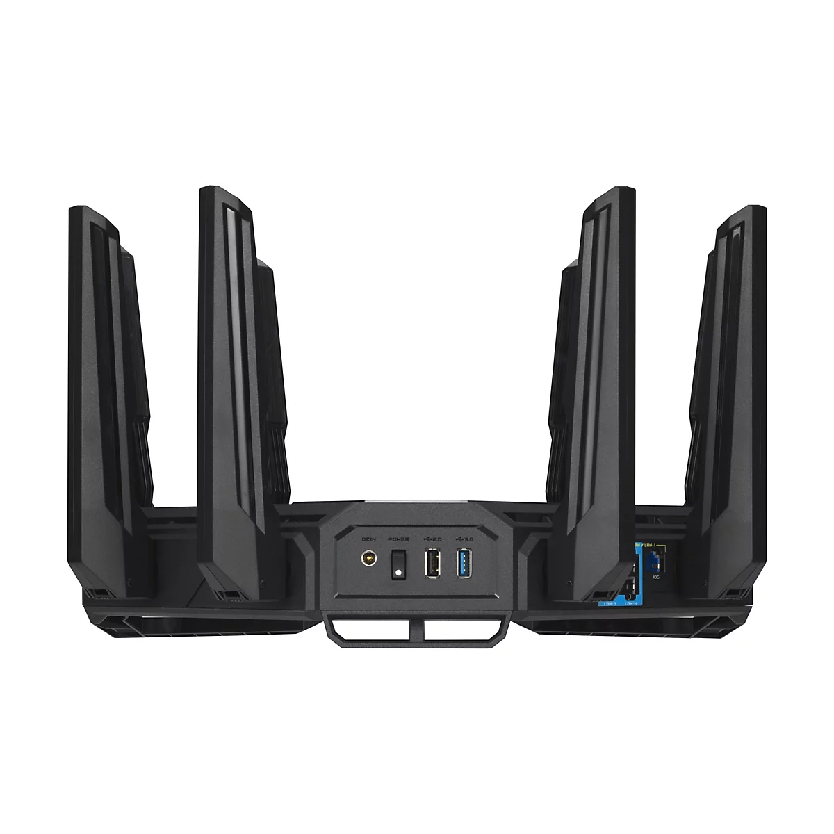 Schwarzer Router mit sechs Antennen. Auf der Rückseite Anschlüsse für Strom, USB und LAN.