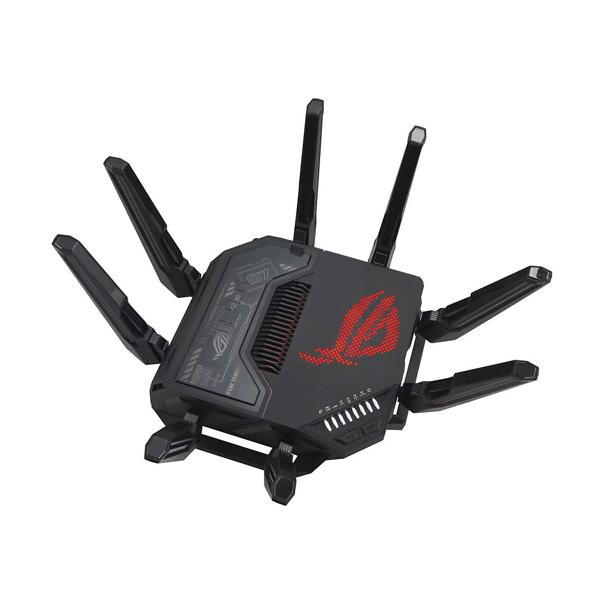 Schwarzer Gaming-Router mit acht Antennen, leuchtendem ROG-Logo und futuristischem Design.