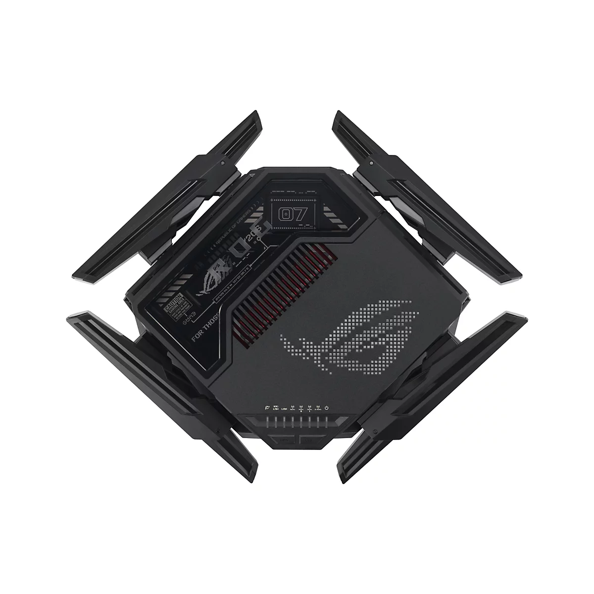 Schwarzer Router mit acht Antennen, ROG-Logo und LED-Anzeigen, Detailansicht.