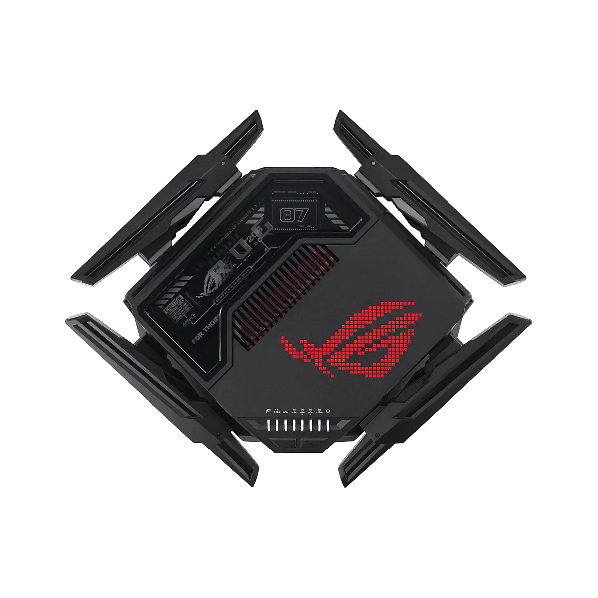 Schwarzer Asus ROG Gaming-Router mit vier abstehenden Antennen und rotem, leuchtendem ROG-Logo auf der Oberseite.