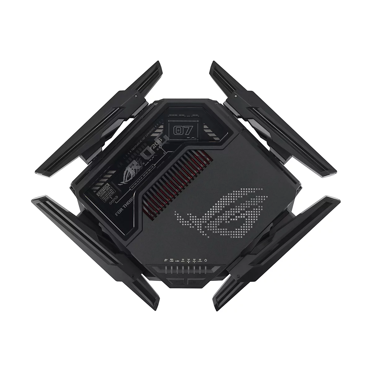 Schwarzer Asus ROG Gaming-Router von oben mit vier Antennen, markanten Designelementen und leuchtendem Logo-Muster.