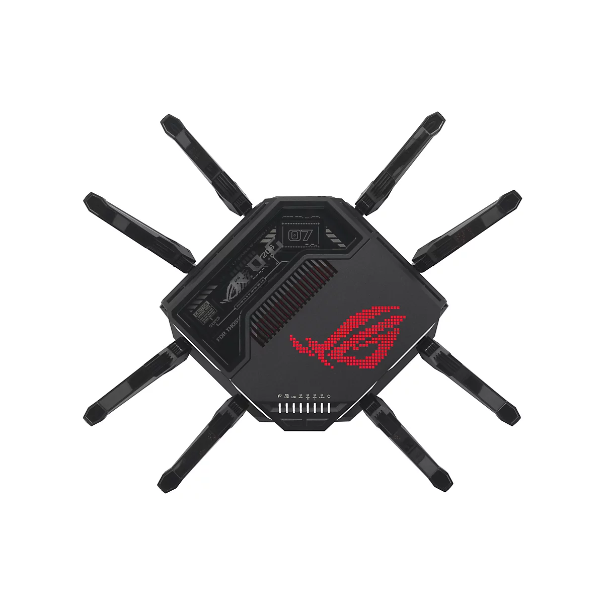 Schwarzer Gaming-Router mit acht Antennen, futuristischem Design und leuchtendem, rotem ROG-Logo.