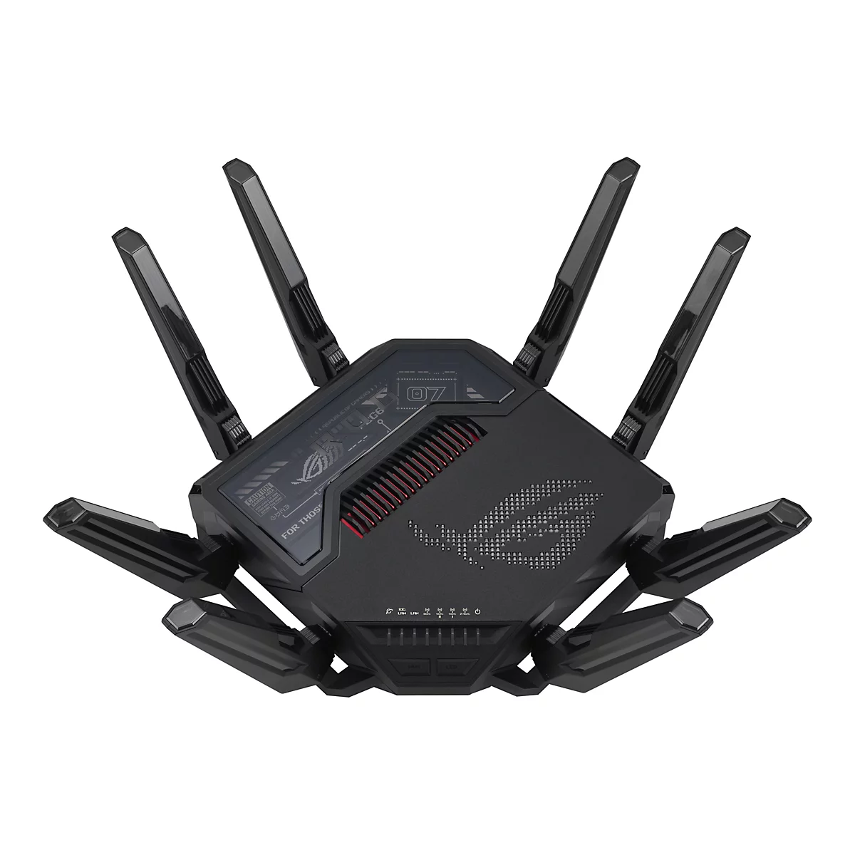Schwarzer Asus ROG Gaming-Router mit acht Antennen, futuristischem Design und beleuchteten Lüftungsschlitzen.
