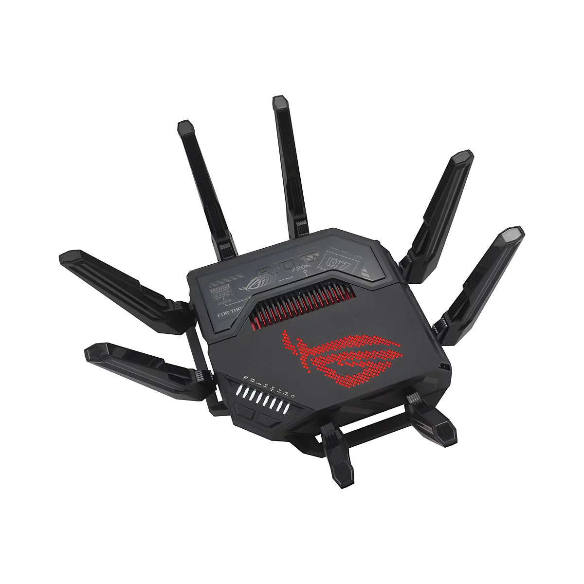Schwarzer Gaming-Router ASUS ROG mit acht abstehenden Antennen und rotem leuchtendem ROG-Logo auf der Oberseite.