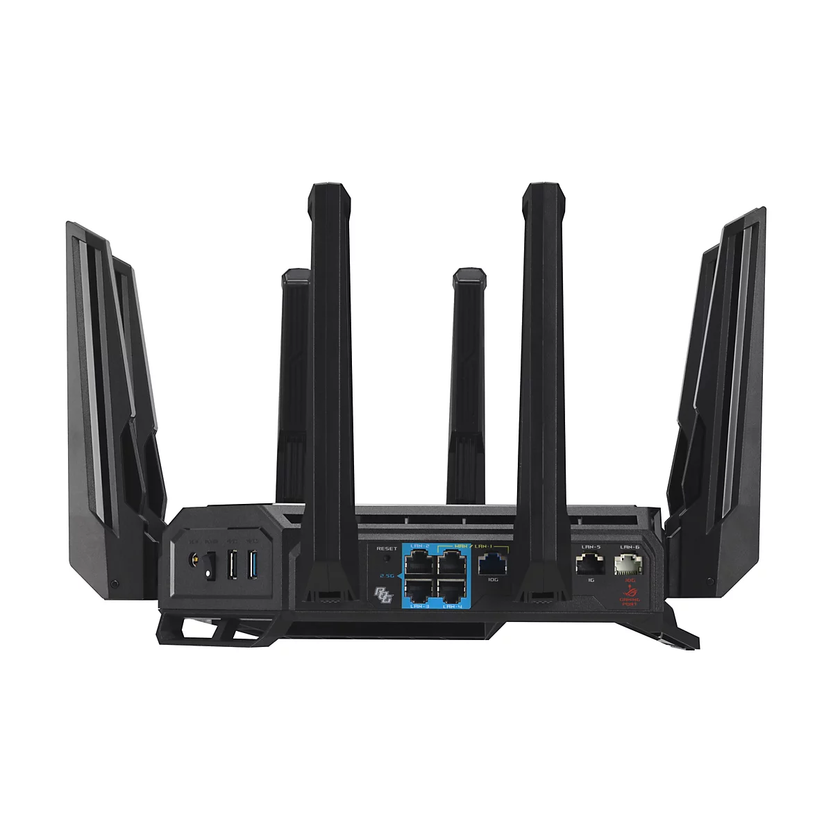 Schwarzer Router mit sechs Antennen, Ports und Beschriftungen.