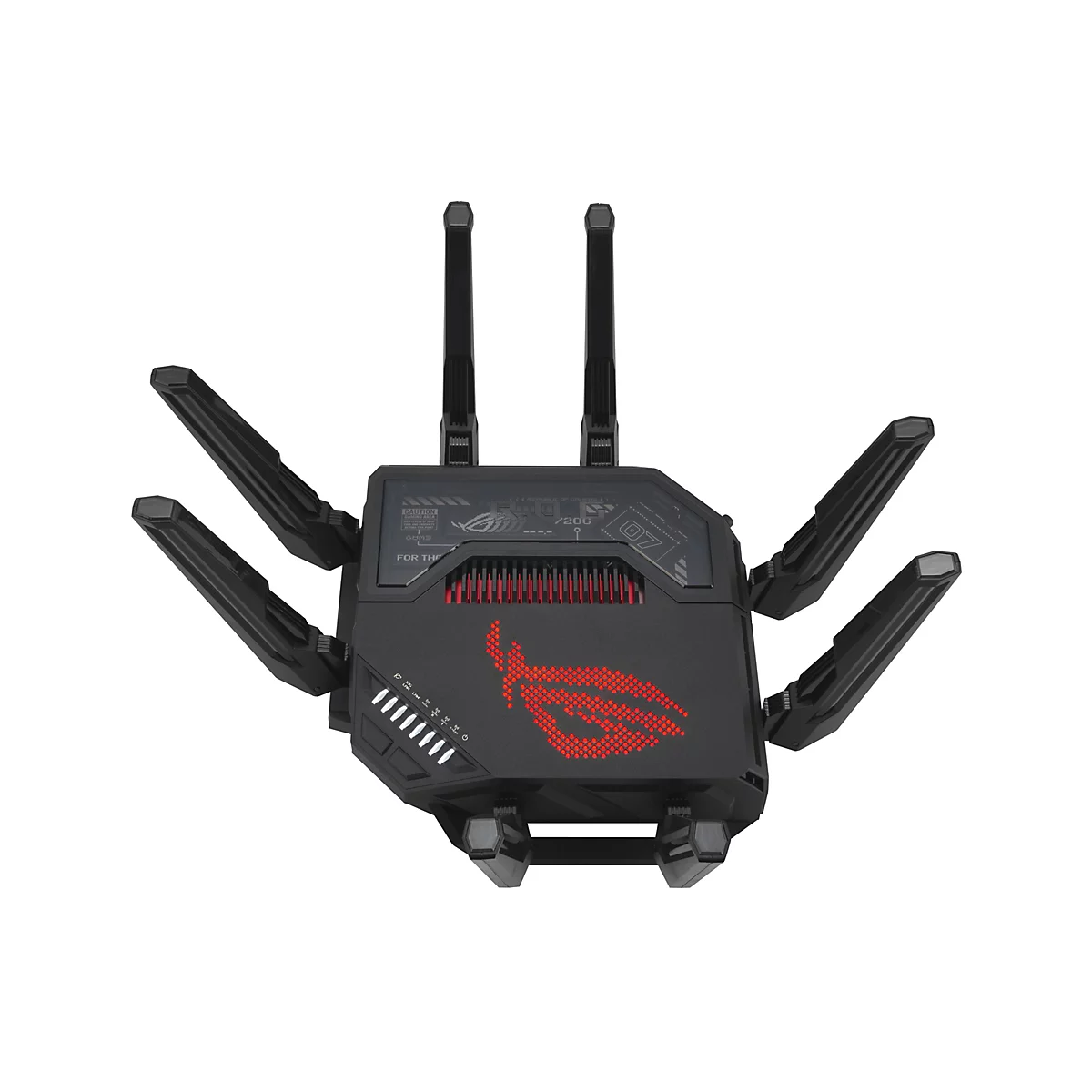 Schwarzer Asus ROG Gaming-Router mit sechs abstehenden Antennen und leuchtendem roten Logo auf weißem Grund.