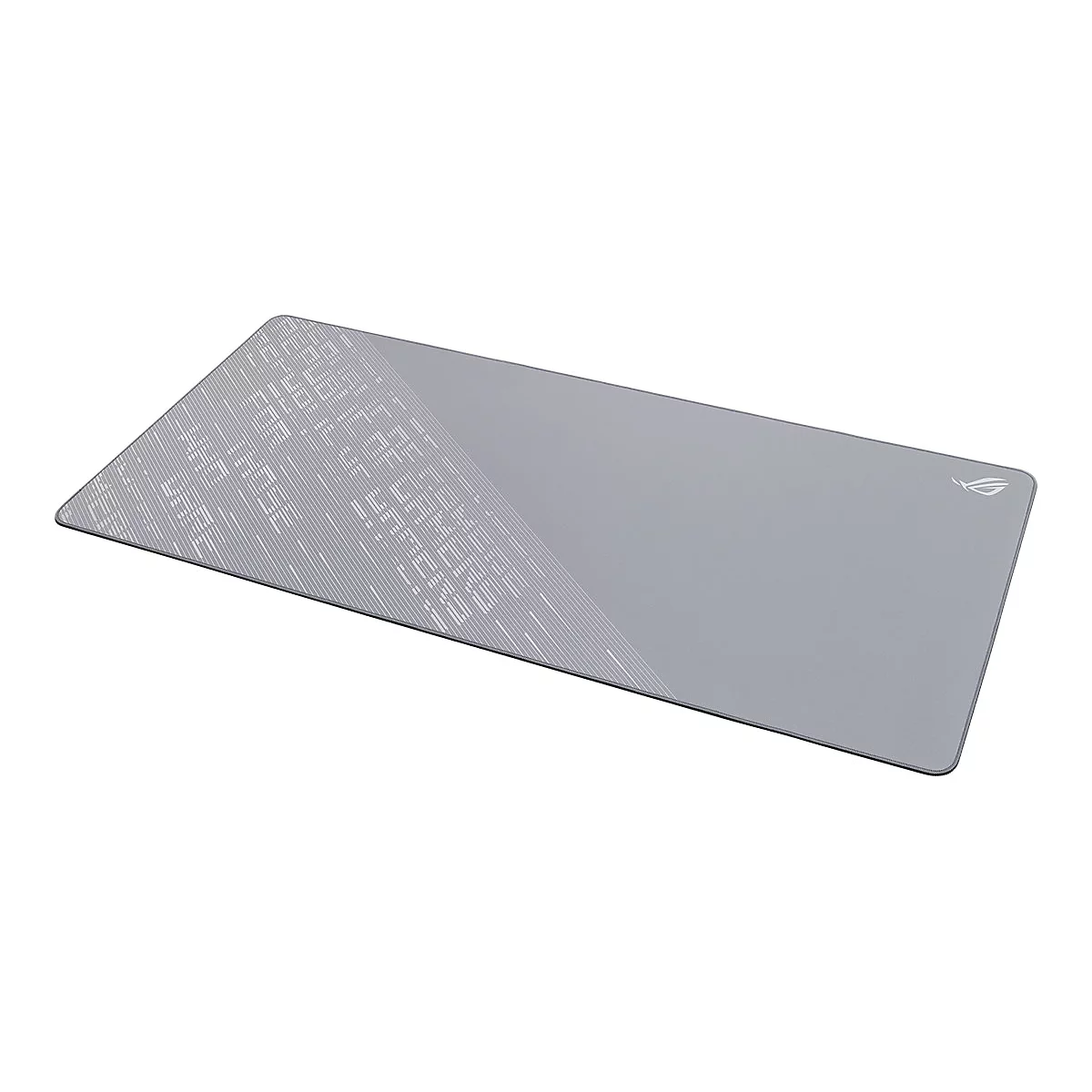 Längliches, hellgraues Mauspad von ASUS ROG mit dezentem, linearem Muster und Logo auf weißem Hintergrund.