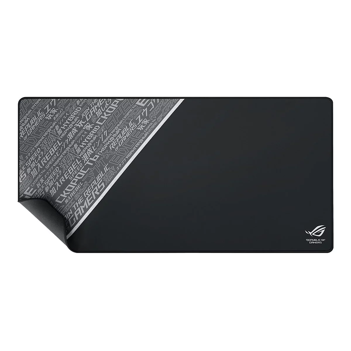 Schwarzes ROG Mauspad mit weißem, textlastigem Design in der oberen linken Ecke und ROG-Logo unten rechts.