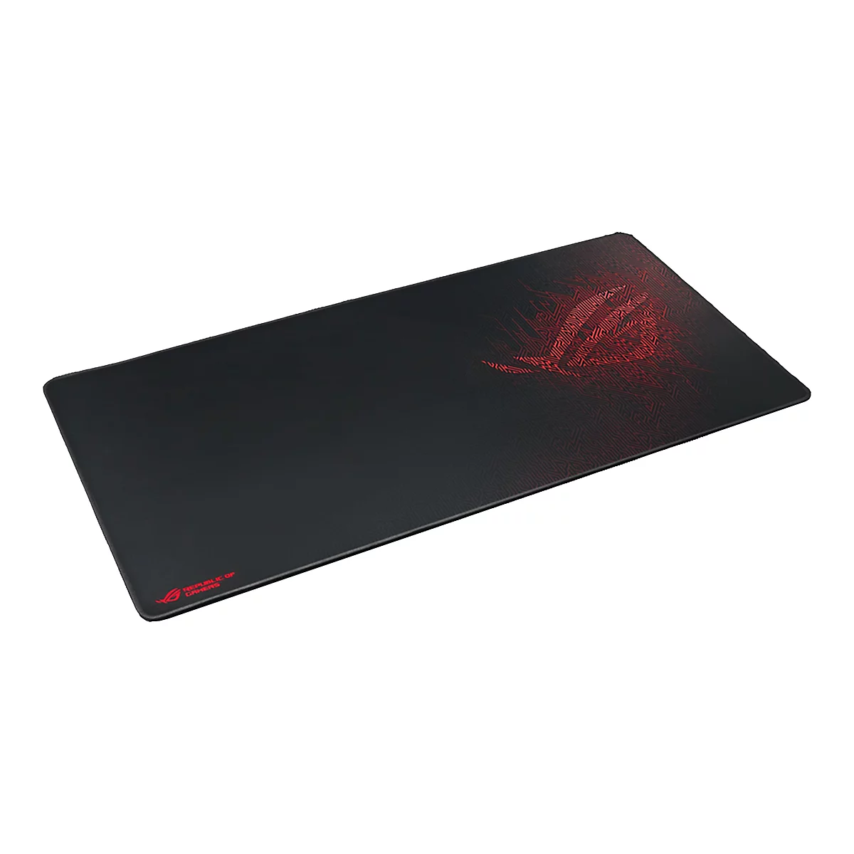 Tapis de souris noir avec logo ROG rouge et texture. Le tapis affiche le logo et le texte Republic of Gamers.