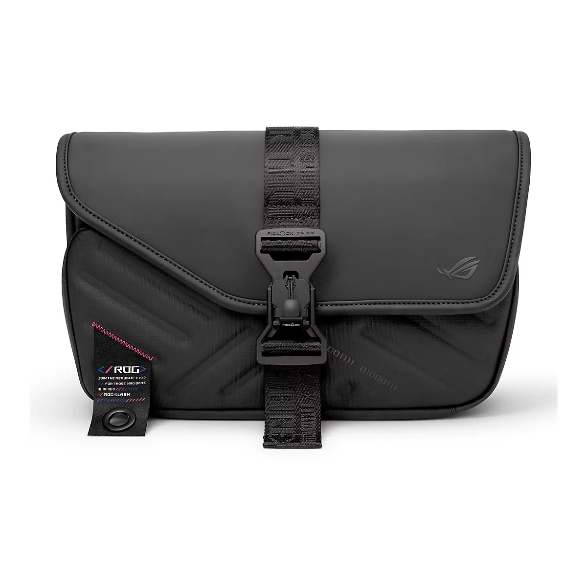 Schwarze ROG Umhängetasche mit magnetischem Fidlock-Verschluss und auffälligem Markenlabel.