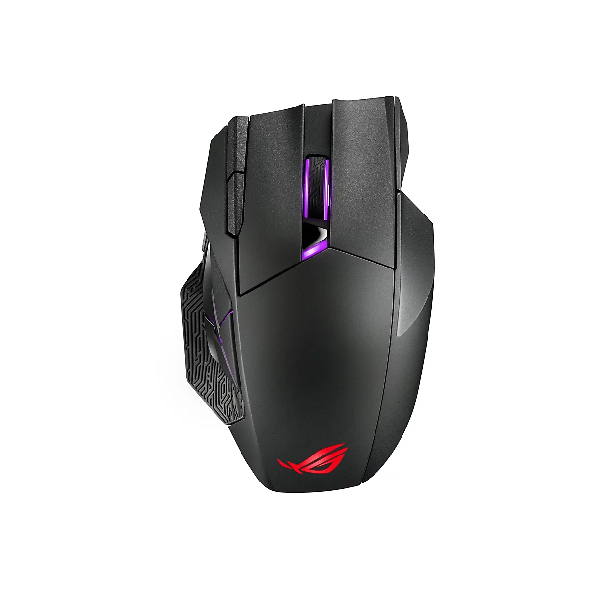 Schwarze Gaming-Maus mit lila Akzenten, ROG-Logo. Auf weißem Hintergrund. 