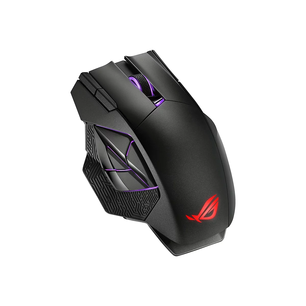 Schwarze Gaming-Maus mit lila und roten Akzenten. Das ROG-Logo leuchtet rot.