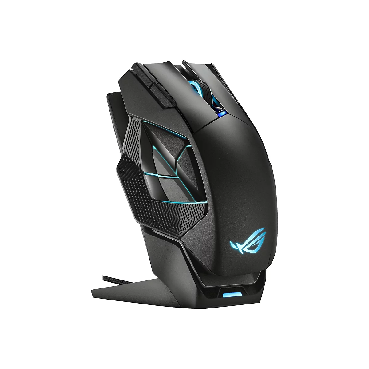 Schwarze, futuristische Gaming-Maus mit blauer LED-Beleuchtung auf einem Standfuß vor weißem Hintergrund.