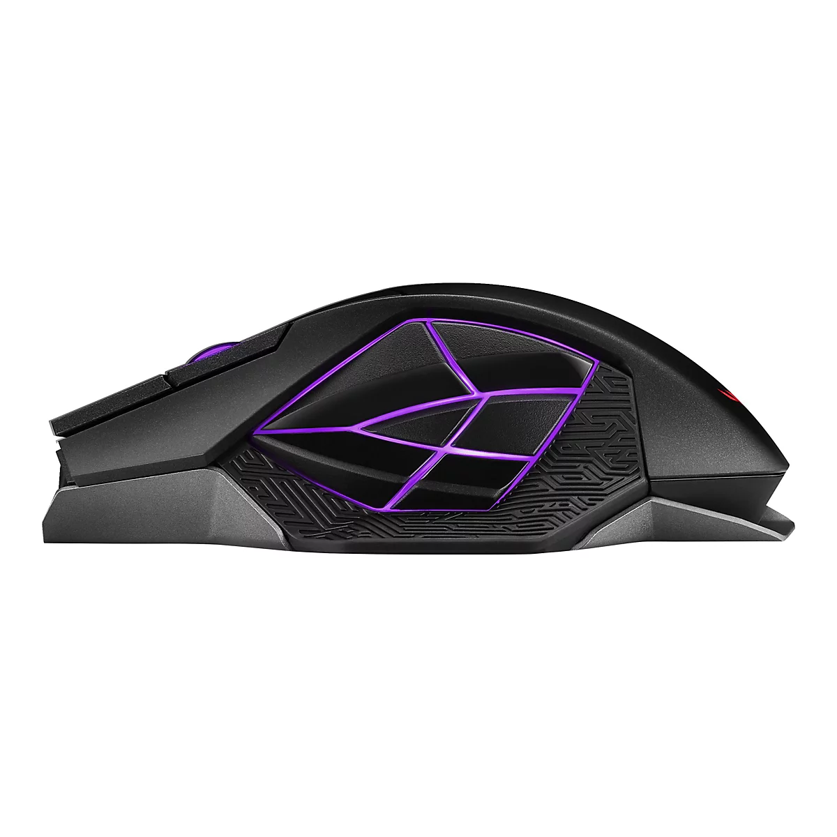 Schwarze Gaming-Maus mit lila Akzenten, die von innen leuchten. Der Maus-Körper hat eine futuristische Form, mit geometrischen Mustern.