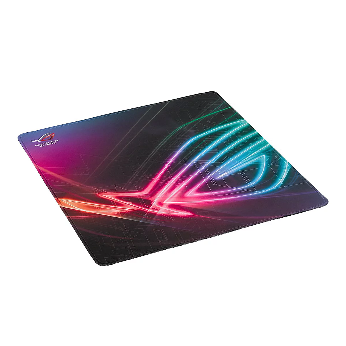 Rechteckiges Mauspad mit farbigen Neon-Design. ROG-Logo oben links.