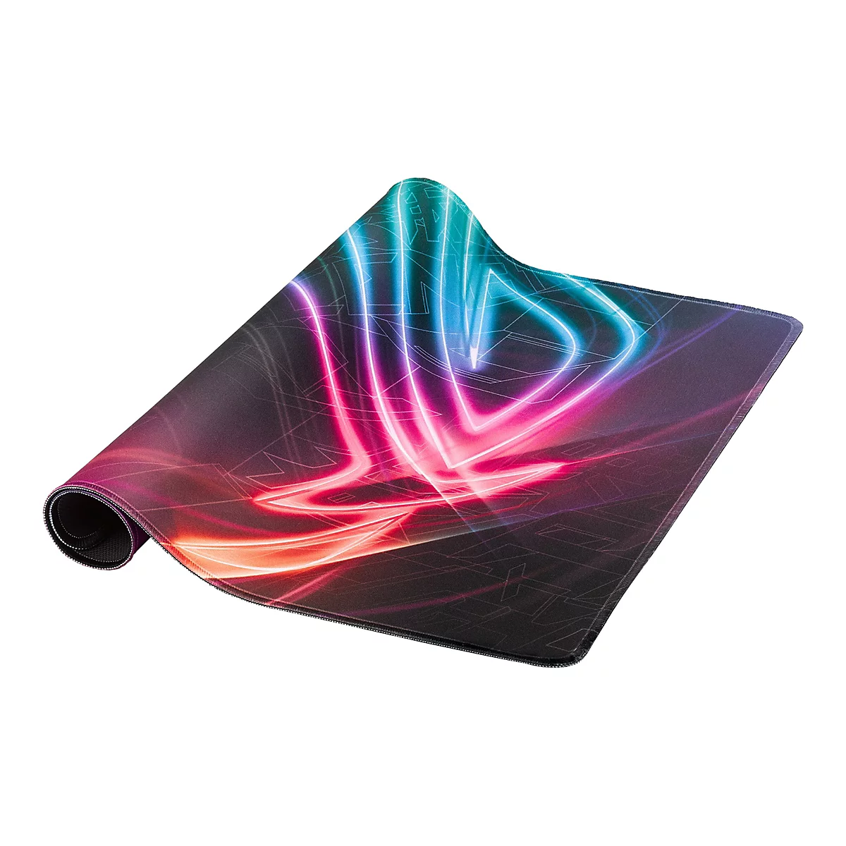 Ein Gaming-Mauspad mit leuchtendem ROG-Logo, das aufgerollt präsentiert wird. Farben: Blau, Pink, Rot auf dunklem Hintergrund.