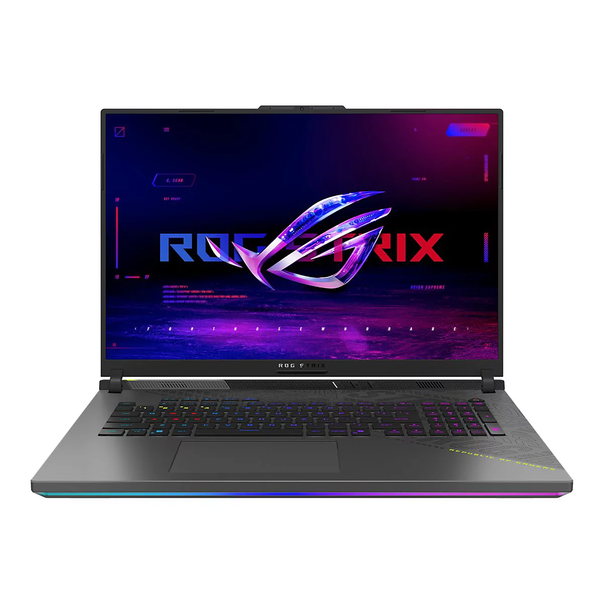 Schwarzer Laptop, ROG Strix, mit farbig beleuchteter Tastatur, ROG Logo auf dem Bildschirm. Der Bildschirm zeigt ein futuristisches Design.