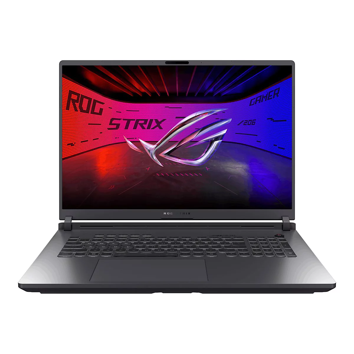 Dunkelgraues ROG Strix Laptop, geöffnet, Bildschirm zeigt Logo. Tastatur, Touchpad und Gehäuse in dunklen Grautönen.