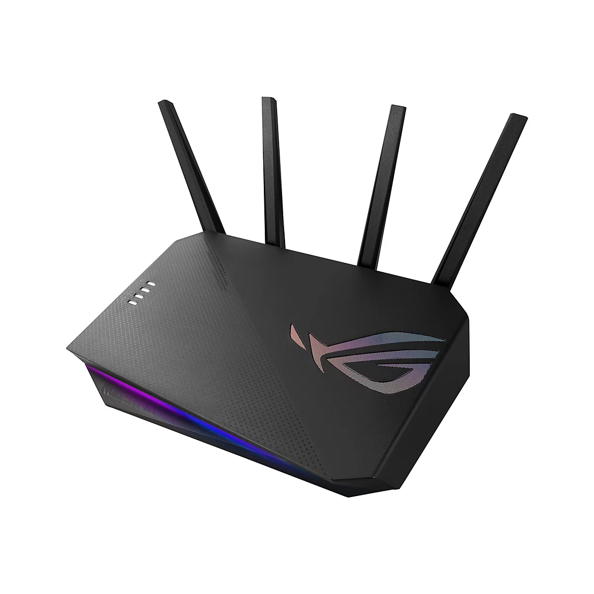 Schwarzer Asus ROG Gaming-Router mit vier Antennen und leuchtendem RGB-Logo vor weißem Hintergrund.