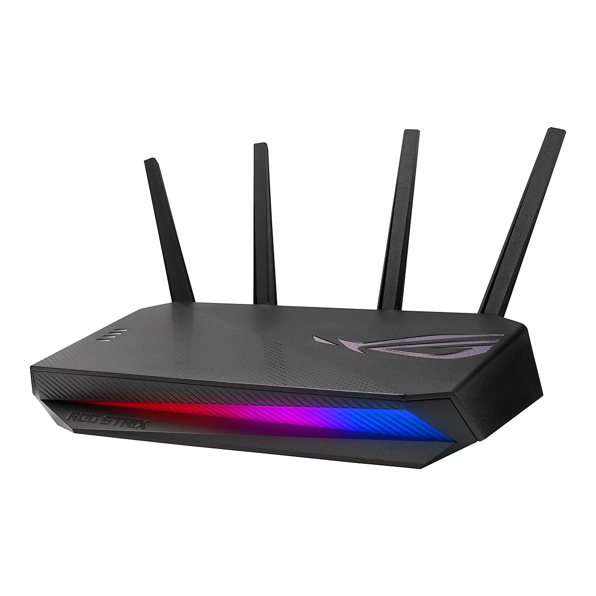 Schwarzer Asus ROG Strix Router mit vier Antennen und leuchtender RGB-Frontleiste vor weißem Hintergrund.