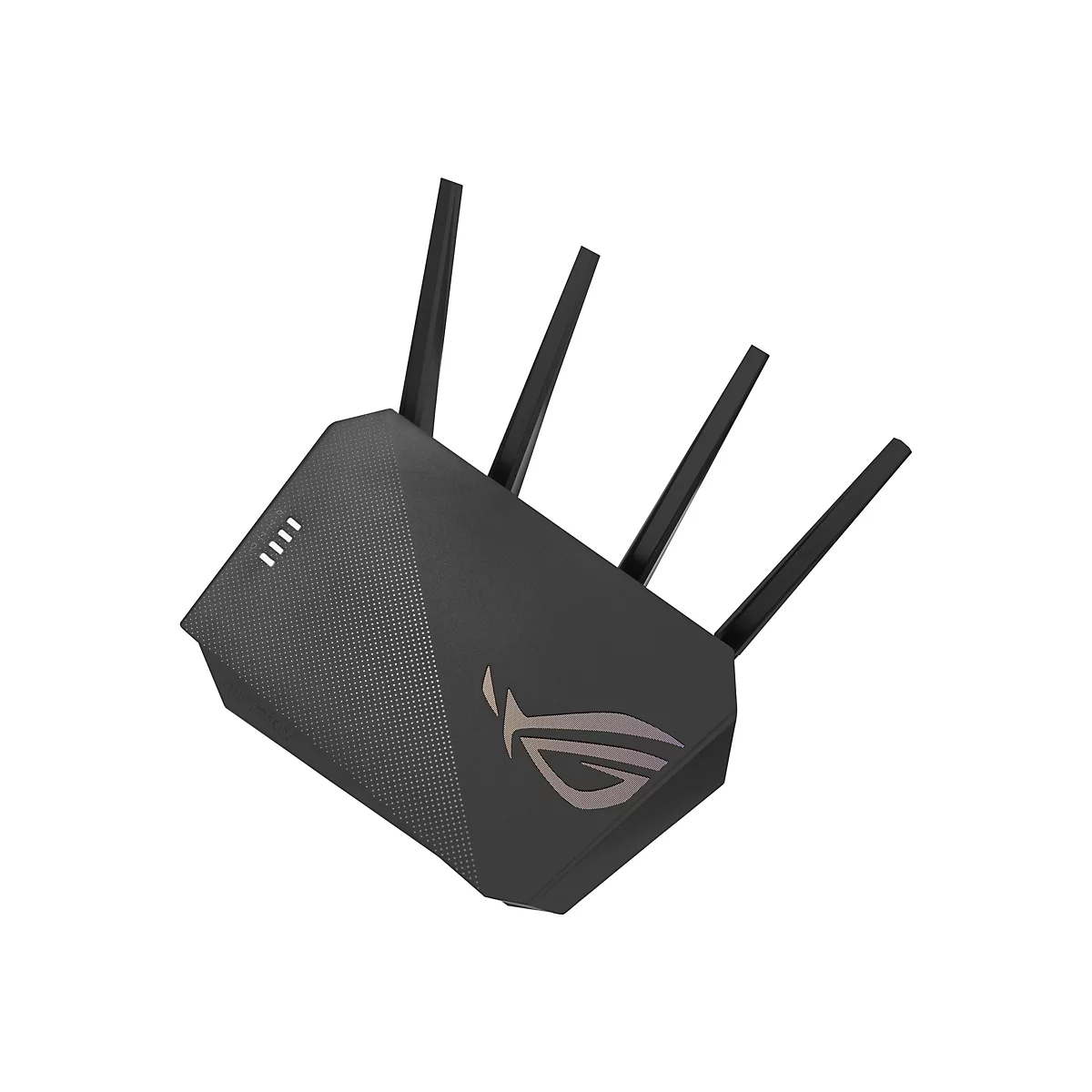Schwarzer Asus ROG Strix Gaming-Router mit vier Antennen, punktierter Oberfläche und leuchtendem ROG-Logo.