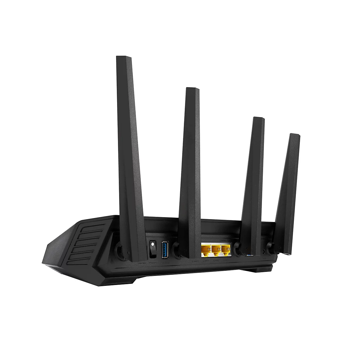 Schwarzer Gaming-Router von hinten mit vier Antennen und gelben LAN-Anschlüssen vor weißem Hintergrund.