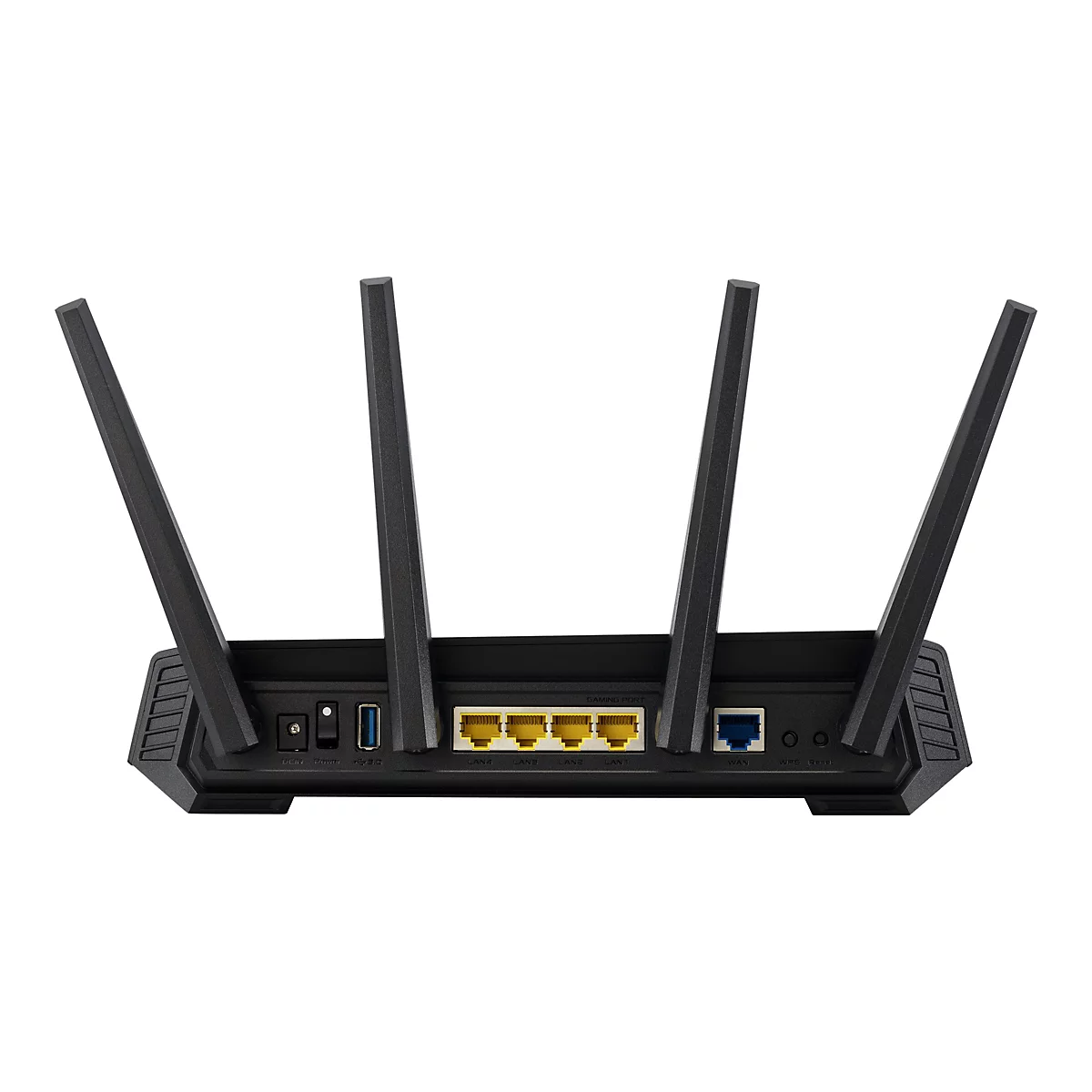 Rückseite eines schwarzen Routers mit vier Antennen, LAN-Ports, USB-Anschluss und Stromanschluss.