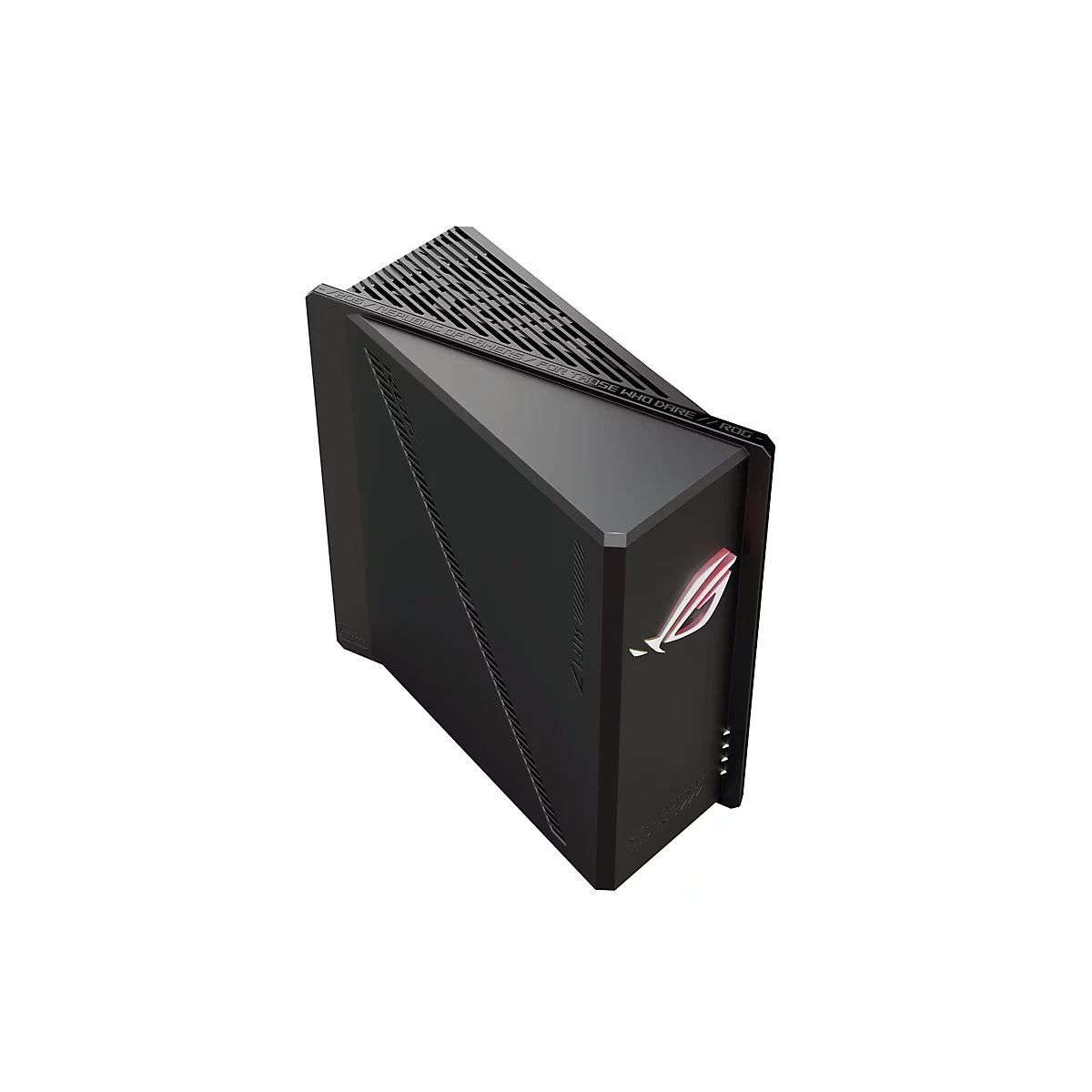Ein schwarzer Computer Tower, perspektivisch von oben fotografiert, vor weißem Hintergrund. Mit ROG Logo und Schriftzügen.