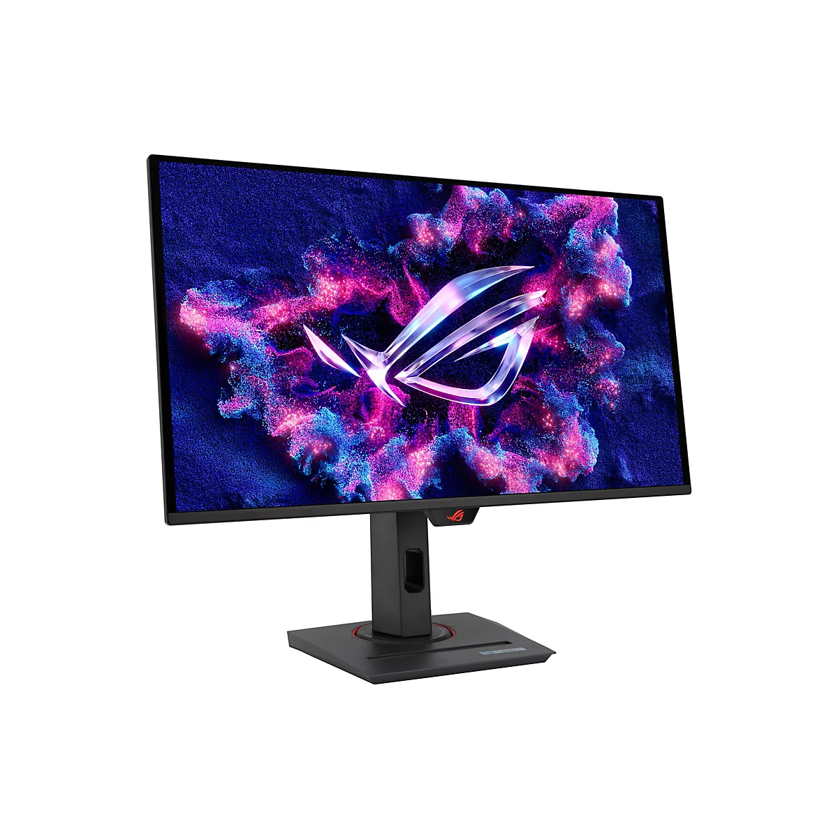 Ein schwarzer Gaming-Monitor mit dem ROG-Logo, der Bildschirm zeigt ein abstraktes, farbenfrohes Muster.