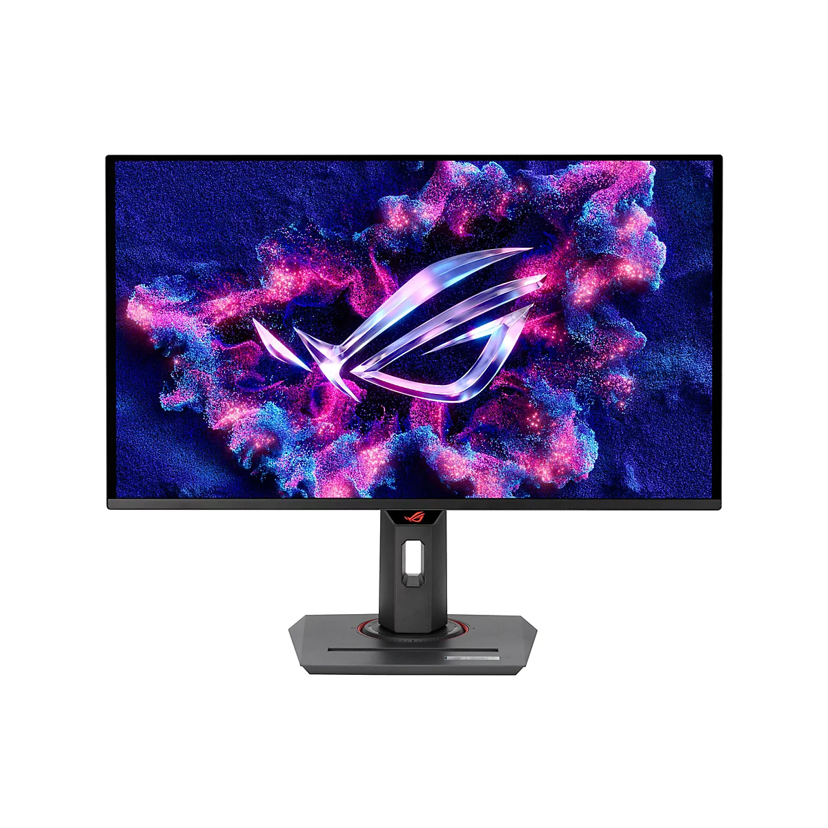 Ein ROG-Gaming-Monitor mit einem farbenfrohen Hintergrund und dem ROG-Logo.