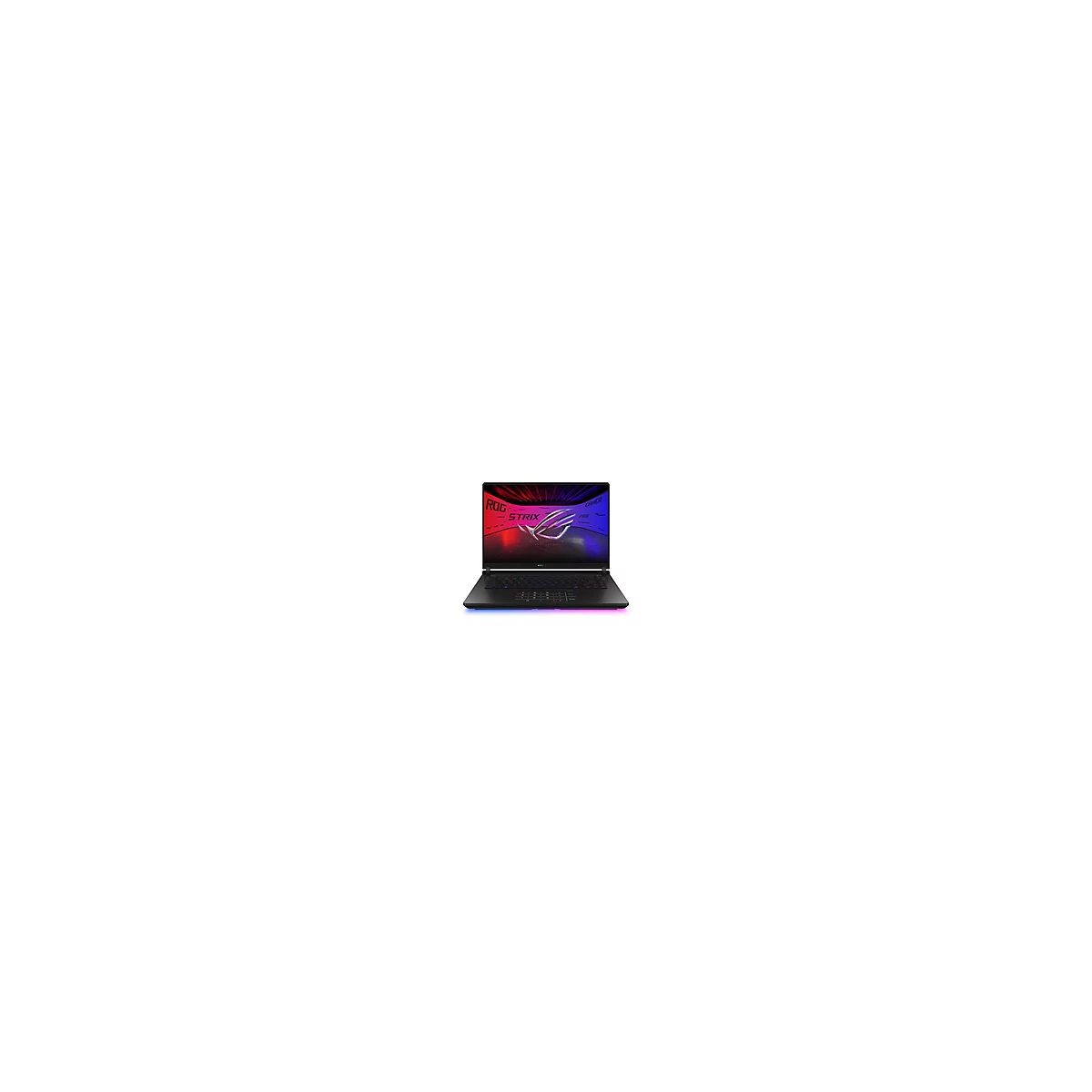 Schwarzes ROG Strix Gaming-Laptop, Bildschirm zeigt Logo und Schriftzüge. Farblich beleuchtete Tastatur.