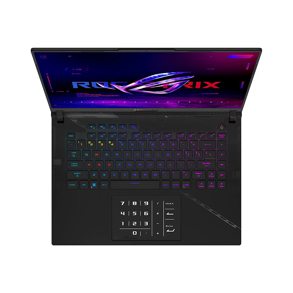 Schwarzes Laptop, von oben gezeigt, Tastatur beleuchtet mit farbigen Tasten, Bildschirm mit Logo, geöffnet.
