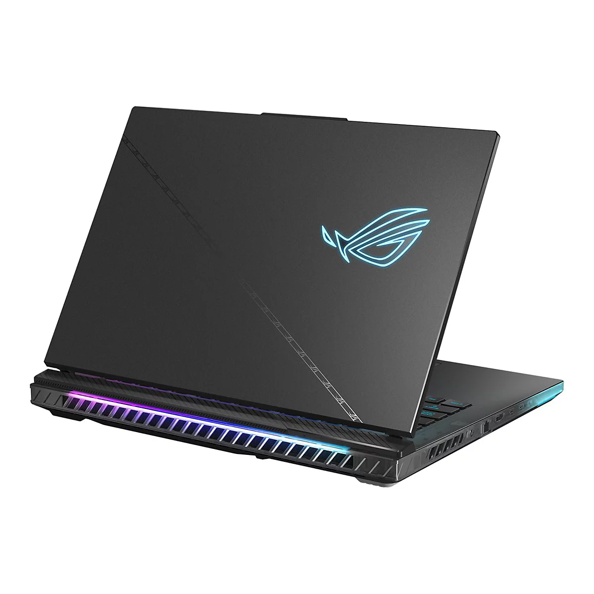 Schwarzer Laptop, teilweise geöffnet, mit beleuchtetem Logo. Die Unterseite und die Seiten sind mit farbigen Lichtern versehen.