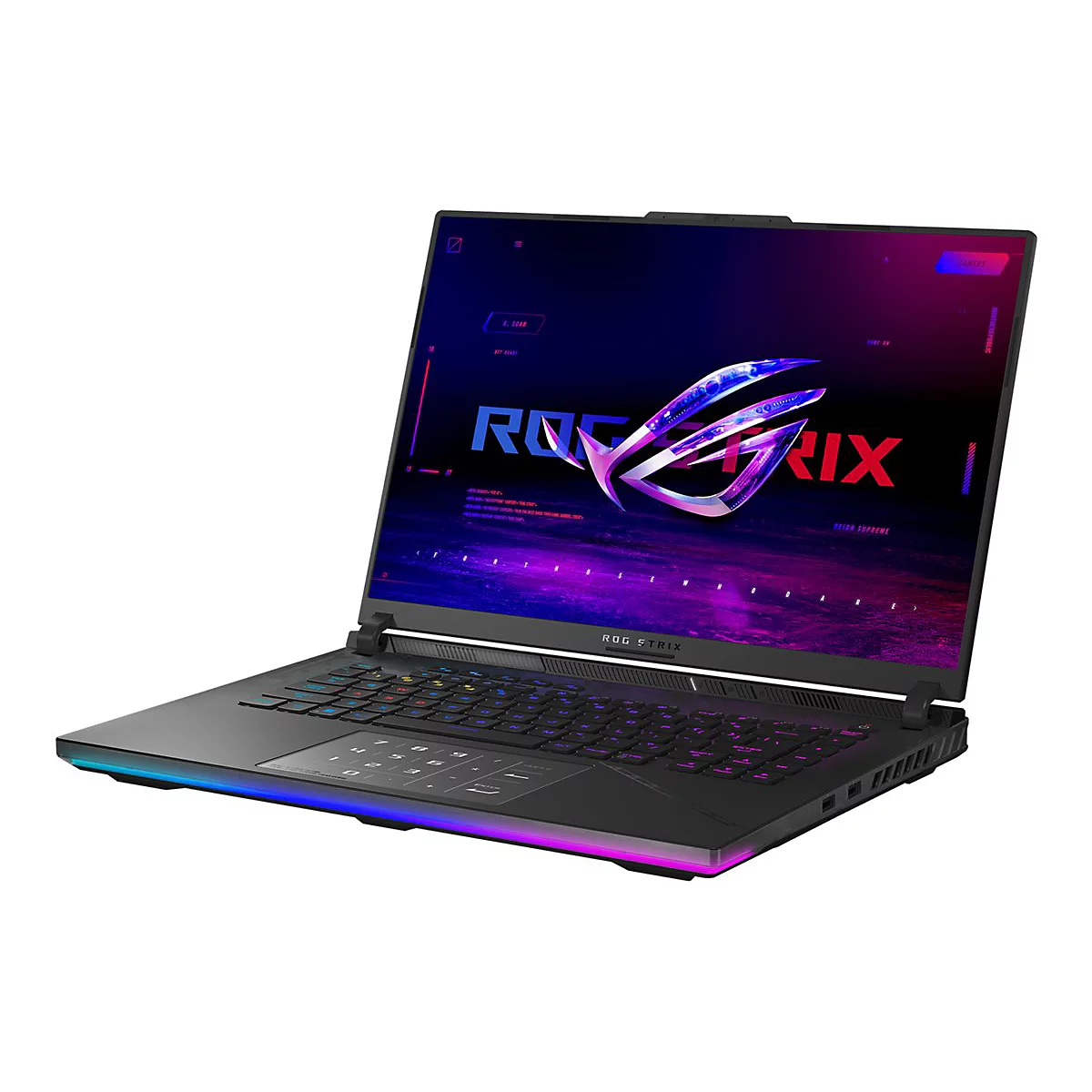 Schwarzes Notebook ROG Strix mit beleuchteter Tastatur und Logo auf dem Display, vor weißem Hintergrund.