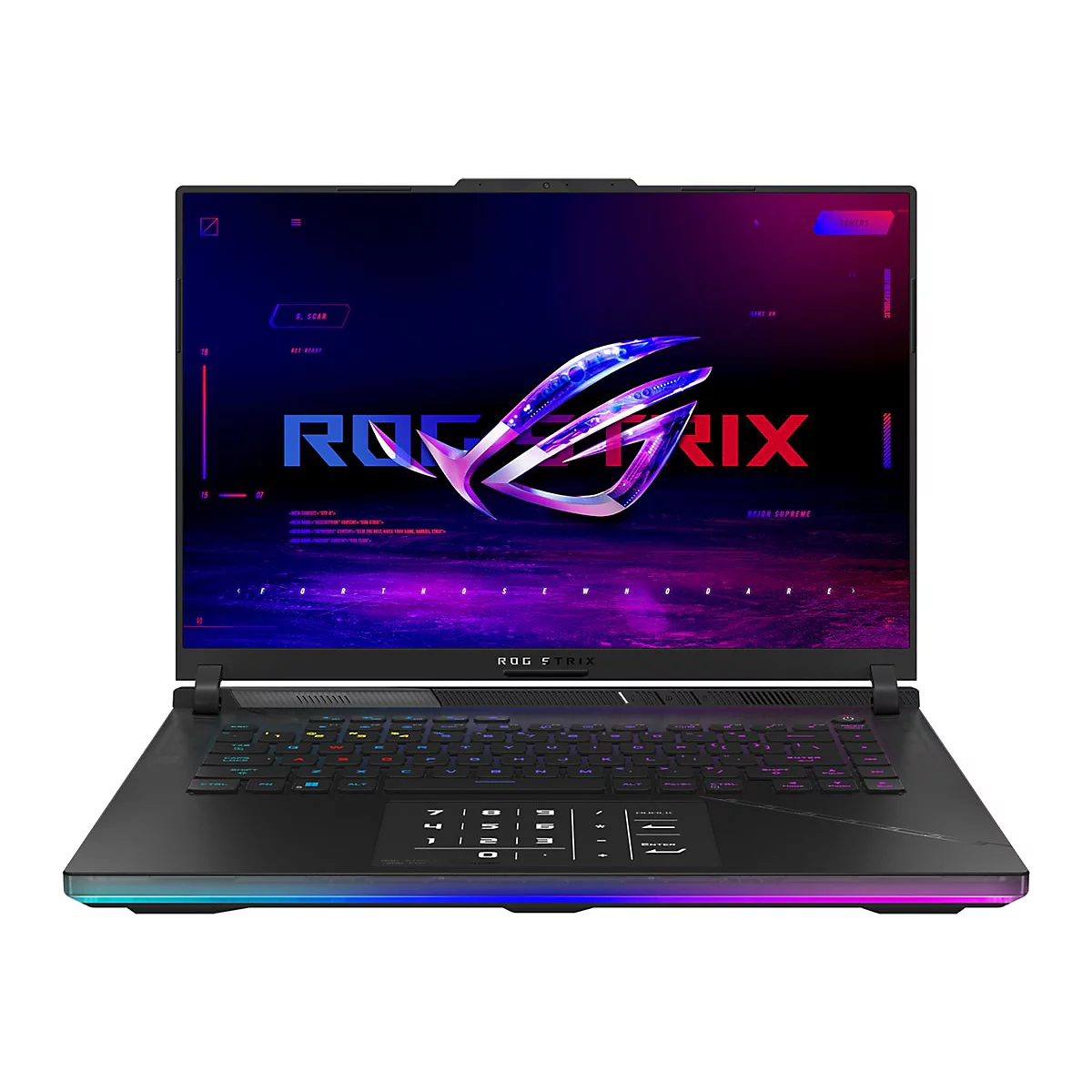 Schwarzer Laptop mit ROG Strix-Logo und farbiger Hintergrundbeleuchtung der Tastatur und Basis.
