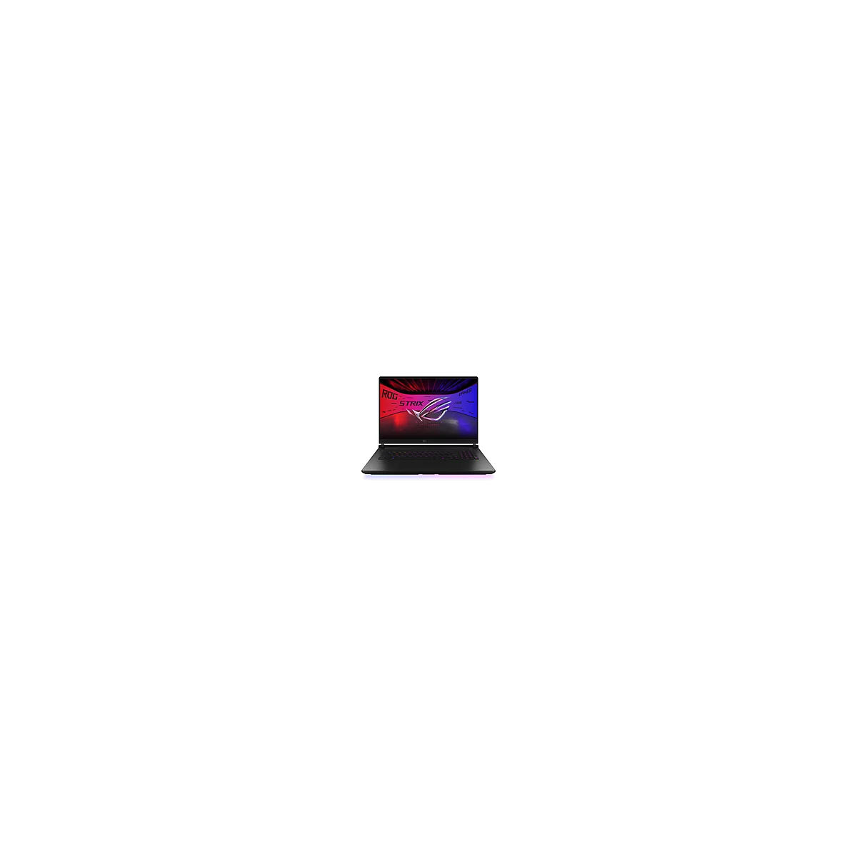 Schwarzes ROG Strix Gaming Notebook, geöffnet, beleuchtete Tastatur, Display mit Logo.