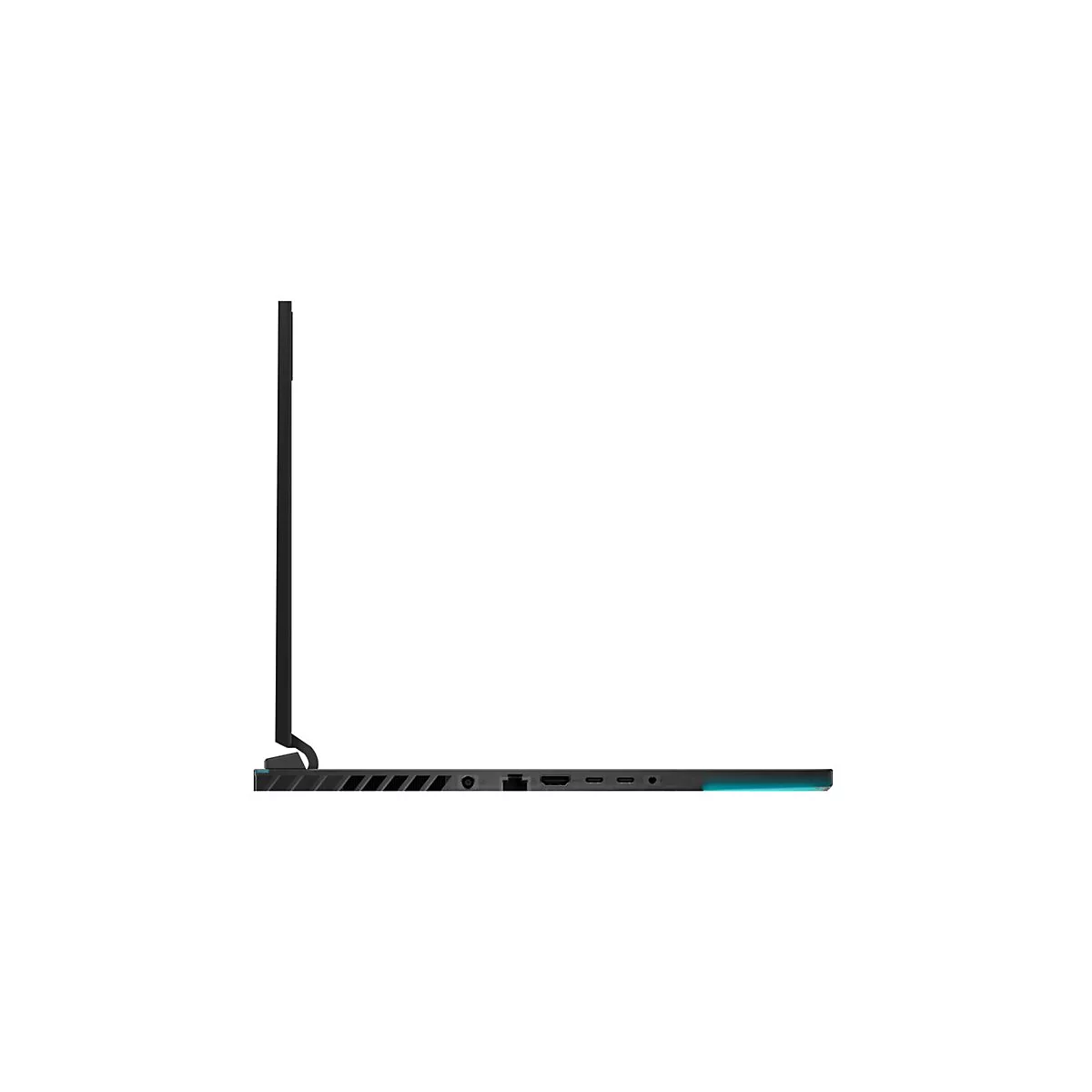 Schwarzer Laptop von der Seite, Display geöffnet. Die Unterseite hat Anschlüsse, ein leuchtendes Element.
