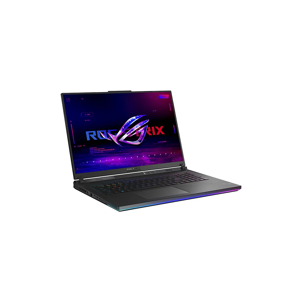 Schwarzer Laptop mit farbig beleuchteter Tastatur und ROG Strix Logo auf dem Display.