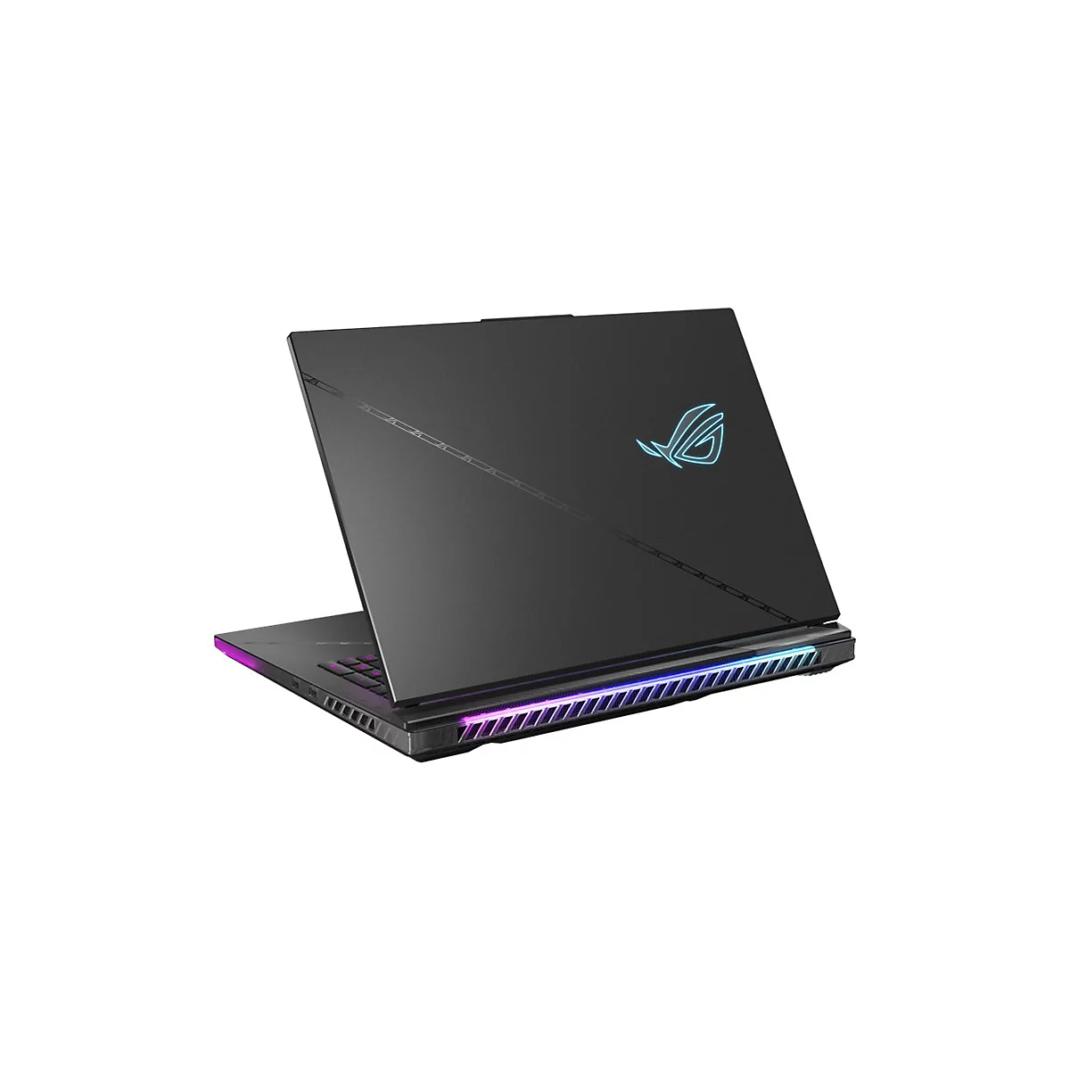 Schwarzes Gaming-Laptop, von hinten betrachtet. Blau beleuchtetes ROG-Logo. RGB-Lichtleiste an der Unterseite.
