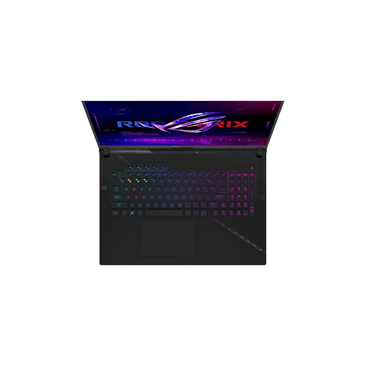 Draufsicht auf einen schwarzen Laptop mit beleuchteter Tastatur. Auf dem Display ein ROG-Logo. Tastenbeleuchtung in Blau, Grün und Pink.