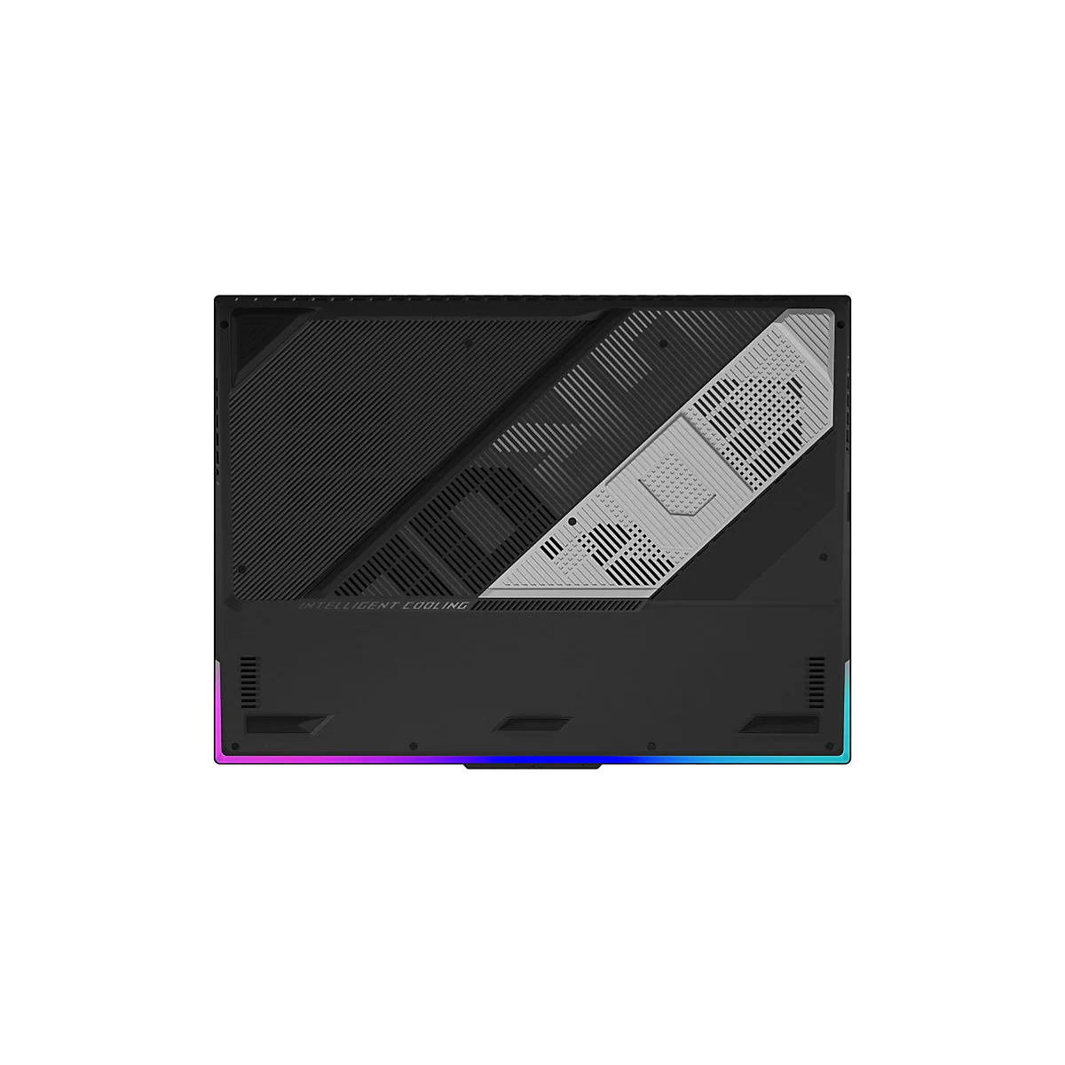 Schwarzer Laptopboden mit Lüftungsschlitzen und RGB-Beleuchtung. Aufschrift 'INTELLIGENT COOLING'.