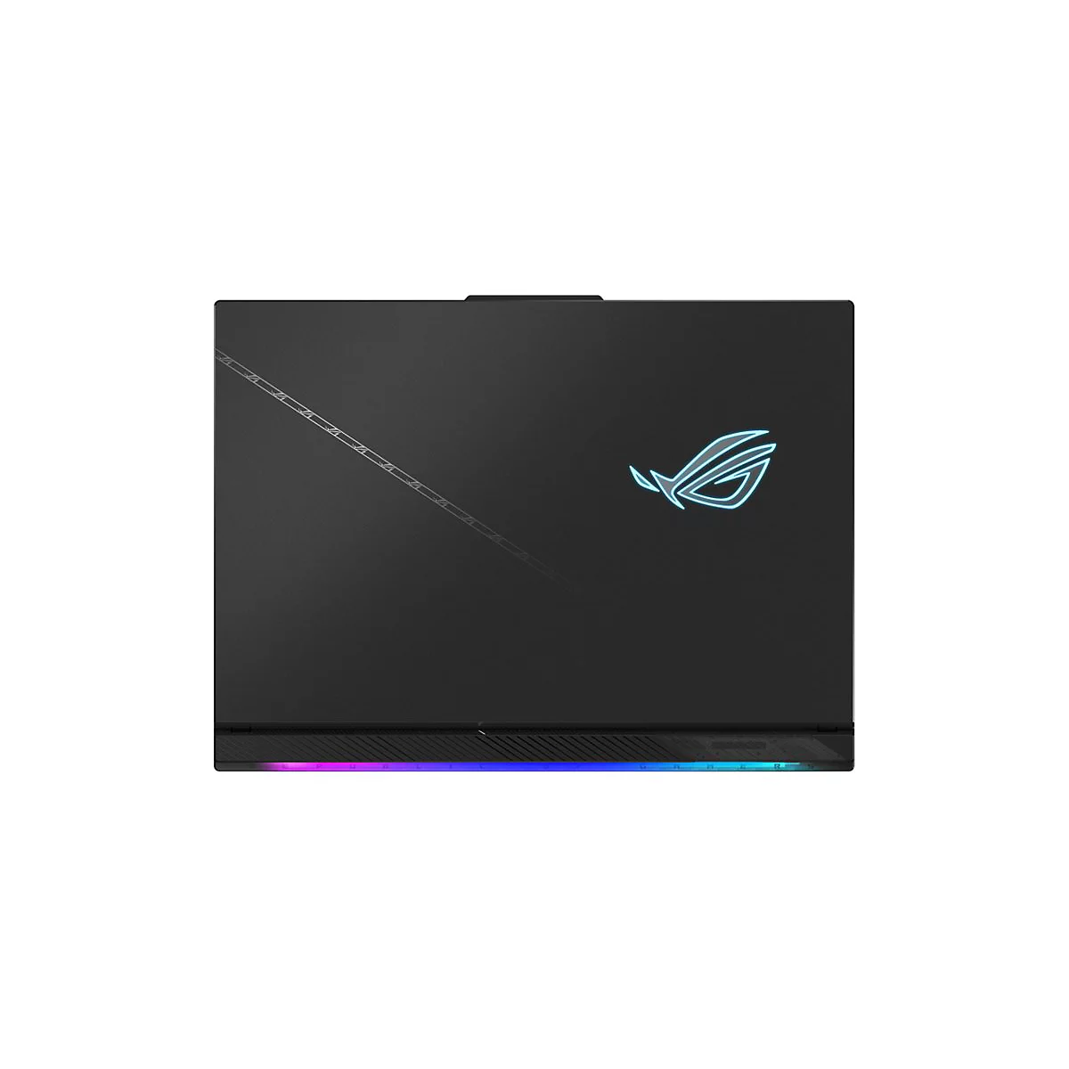 Schwarzes Laptop-Oberteil mit leuchtendem ROG-Logo und diagonaler Musterung, unten RGB-Beleuchtung.