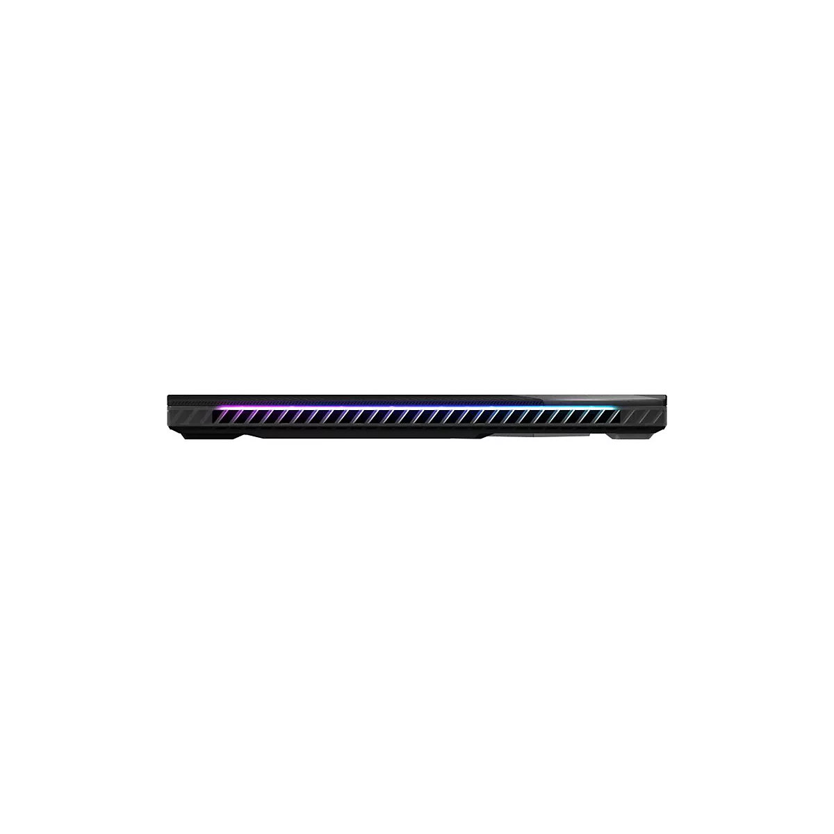 Schwarzes Laptop-Detail, mit LED-Leiste, die in verschiedenen Farben leuchtet.