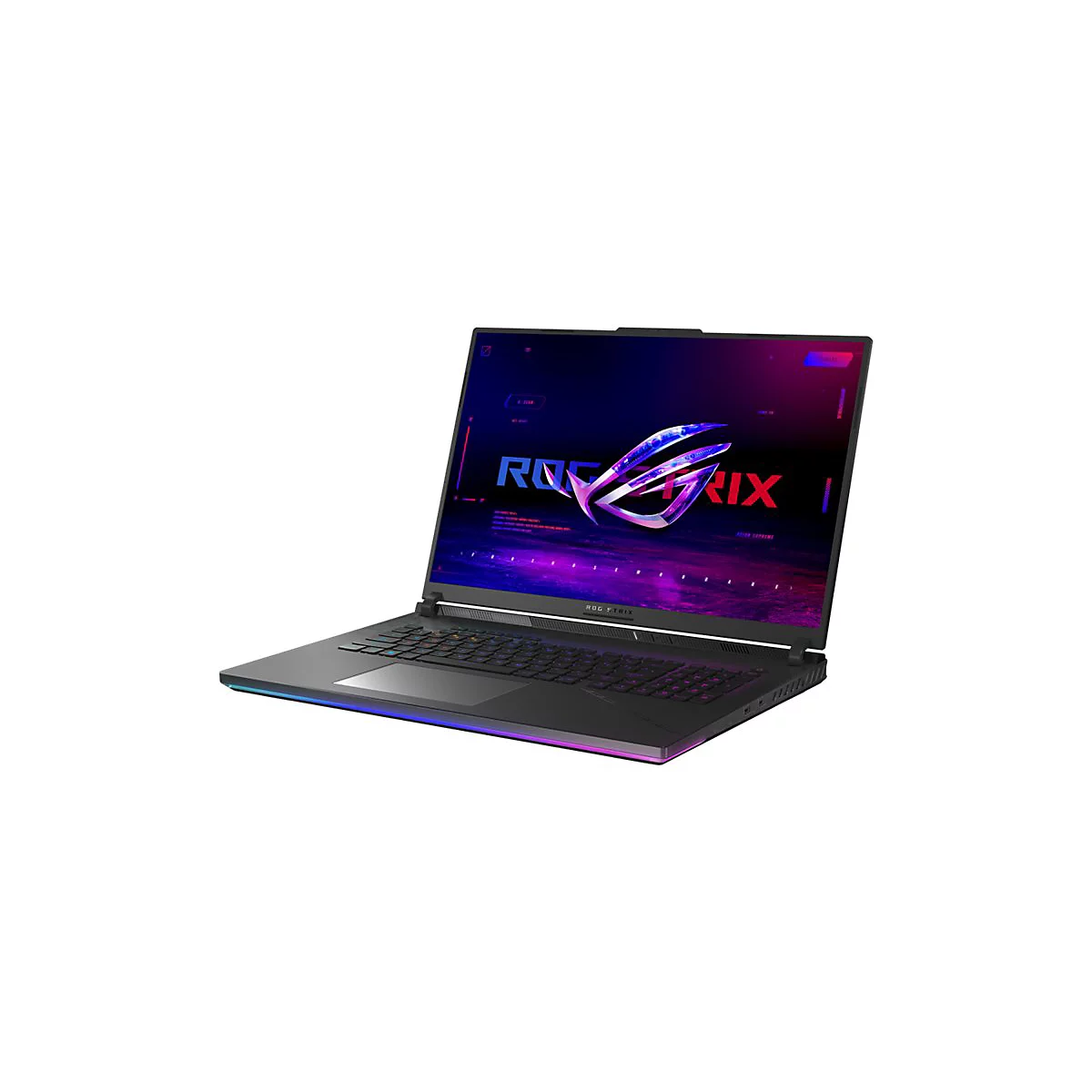 Schwarzer Laptop mit dem ROG Strix Logo auf dem Bildschirm. Die Tastatur und die Kanten leuchten farbig.