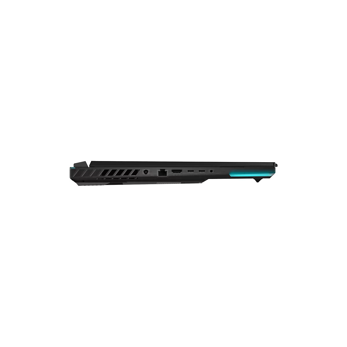 Schwarzes Laptop von der Seite gesehen, mit Lüftungsschlitzen, Anschlüssen und einem beleuchteten Rand.